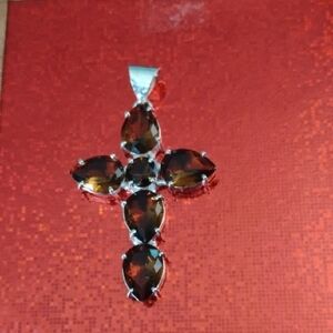 💓Elegant Silver and Brown Gemstone Cross Pendant Necklace ♥️